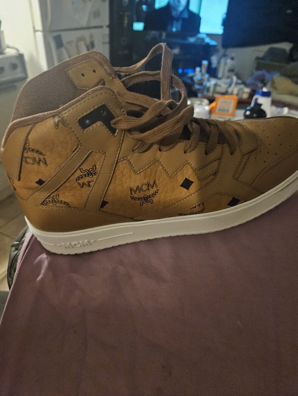 MCM Men's Brown Leather High-Top Sneaker with White Sole